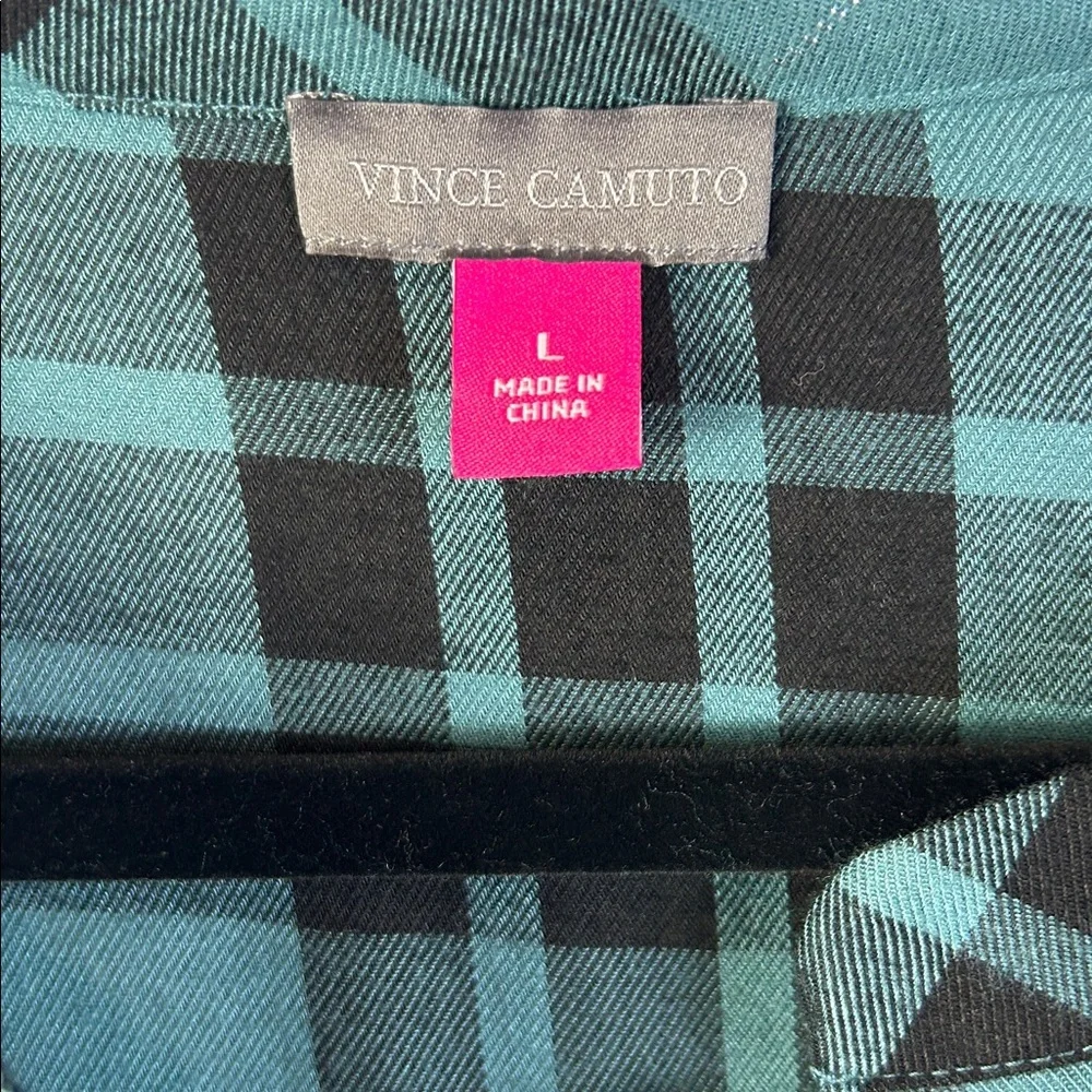 Vince Camuto Green and Black Plaid Flannel Blouse with Silver Threads Size Large